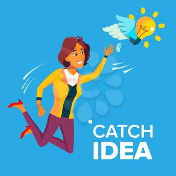Business Woman Jumps And Tries To Catch Idea Vector, Yellow Light Bulb Flying. Illustration