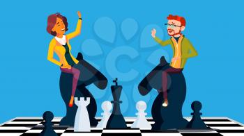 Competition Vector. Businessman And Business Woman Riding Chess Horses Black And White Meet Each Other. Illustration