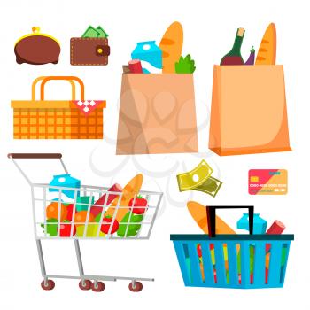 Store Shopping Icons Vector. Wallet, Money, Credit Cart, Products Cartoon Illustration
