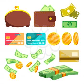 Shopping Icons Vector. Wallet, Money, Credit Cart Cartoon Illustration