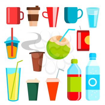 Drink Icons Vector. Soda, Fast Food, Coffee, Coctail. Mug, Bottled Beverage, Vitamin Juice, Sparkling Soft And Energy  Isolated Illustration