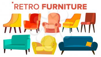 Retro Furniture Vector. Vintage 1950s, 1960s Armchair Sofa. Mid Century Interior. Cartoon Illustration