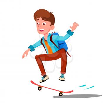 Schoolboy Skateboarding With Backpack On His Back Vector. Illustration