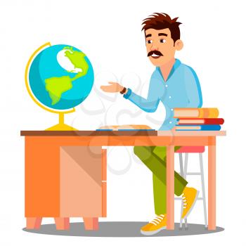 Geography Teacher In Glasses Sitting At Table With Books And Globe Vector. Illustration