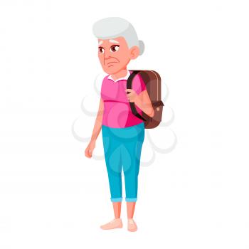 Old Woman Poses Vector. Elderly People. Senior Person. Aged. Tourist, Tourism. Positive Pensioner. Web, Brochure, Poster Design. Isolated Cartoon Illustration
