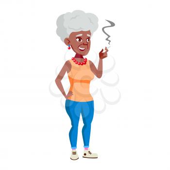 Old Woman Poses Vector. Black. Afro American. Elderly People. Senior Person. Aged. Active Grandparent. Joy. Web, Brochure, Poster Design. Isolated Cartoon Illustration
