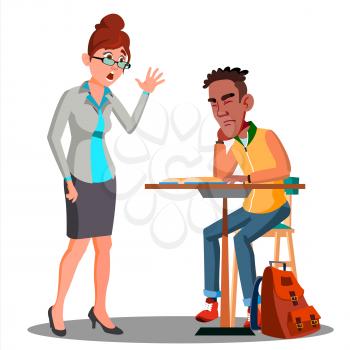 Angry Teacher And Student Sleeping At The Desk Vector. Illustration