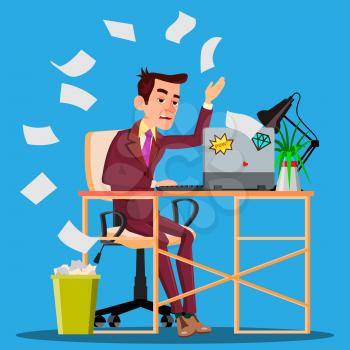 Angry Manager Siting At Table Crumples The Paper And Throwing It In Paper Basket Vector. Illustration