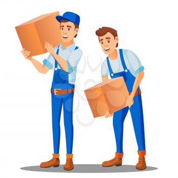 Delivery Worker In Uniform Carries A Heavy Box Vector. Illustration