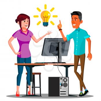Teamwork, Employees Talking At The Table With One Burning Light Bulb Above All Vector. Illustration