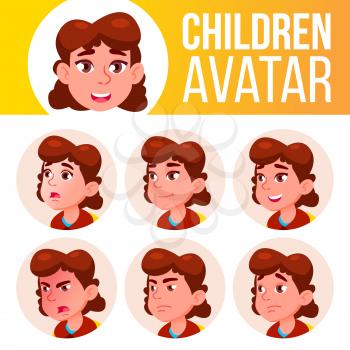 Girl Avatar Set Kid Vector. Primary School. Face Emotions. Primary, Child Pupil. Life, Emotional Cartoon Illustration