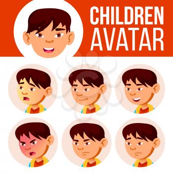 Asian Boy Avatar Set Kid Vector. Primary School. Face Emotions. School Student. Kiddy, Birth. Advertisement, Greeting Cartoon Illustration