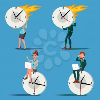 Time Management Man, Woman Vector. Procrastination. Control. Huge Watch Business Illustration