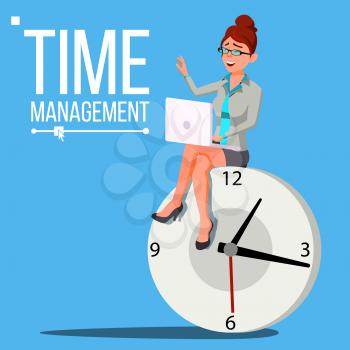 Time Management Woman Vector. Free Time. Control. Management Business Illustration
