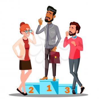 Best Employee In Suit With Briefcase On A Pedestal With Colleagues Vector. Illustration