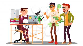 Businessman Loser With A Stack Of Documents Next To Laughing Colleagues With Money Vector. Illustration