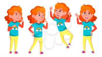 Girl Poses Set Vector. High School Child. For Advertising, Booklet, Placard Design. Isolated Illustration