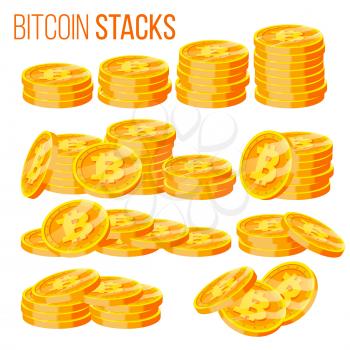 Bitcoin Stacks Set Vector. Crypto Currency. Virtual Money. Gold Coins Stack. Business Crypto Currency. Trading Design. Isolated Flat Cartoon Illustration