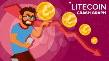 Litecoin Crash Graph Vector. Surprised Investor. Negative Growth Exchange Trading. Collapse Of Crypto Currency. Litecoin Crypto Currency Market Concept. Annoyance, Panic. Cartoon Illustration