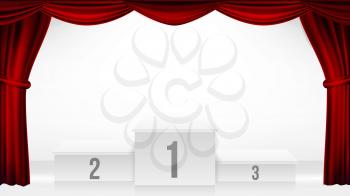 Winners Podium, Theater Curtain Vector. Awards Ceremony Pedestal. White Stage. Empty Platform. Trophy Place. Competition Award Event. Realistic Illustration