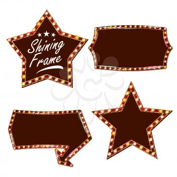 Star Set Billboard Vector. Shining Star Sign Board. Vintage Golden Illuminated Neon Light. Carnival, Circus, Casino Style. Isolated On White Illustration