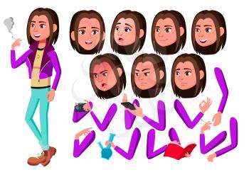 Teen Girl Vector. Teenager. Adult People. Casual. Fun, Cheerful. Smoking Cannabis. Face Emotions, Various Gestures. Animation Creation Set Isolated Cartoon Character Illustration