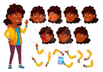 Indian Teen Girl Vector. Hindu. Asian. Teenager. Face. Children. Face Emotions, Various Gestures. Animation Creation Set Isolated Flat Cartoon Illustration