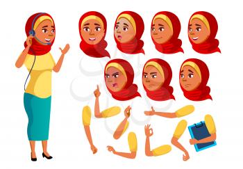 Arab, Muslim Teen Girl Vector. Teenager. Funny. Online Consultant. Worker. Face Emotions, Various Gestures. Animation Creation Set. Isolated Cartoon Character Illustration
