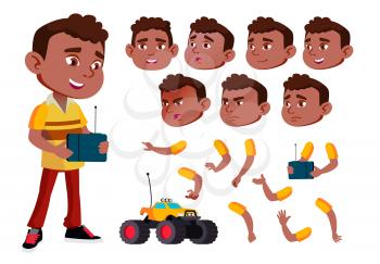 Black, Afro American Boy, Child, Kid Vector. Young. Face Emotions, Various Gestures. Animation Creation Set Isolated Flat Illustration
