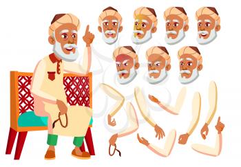 Arab, Muslim Old Man Vector. Senior. Aged, Elderly People. Positive Person. Face Emotions Gestures Illustration