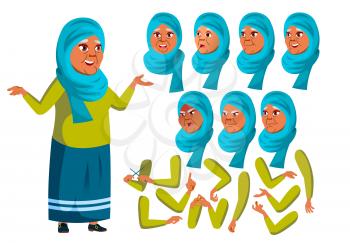 Arab, Muslim Old Woman Vector. Senior Person. Aged, Elderly People. Face Emotions, Various Gestures. Animation Creation Set. Isolated Flat Character Illustration