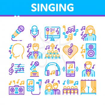 Singing Song Collection Elements Vector Icons Set. Singer And Musical Notes, Microphone And Headphones, Concert, Opera And Singing In Karaoke Concept Linear Pictograms. Color Contour Illustrations