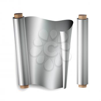 Metal Foil Paper Roll Vector. Close Up Top View. Opened And Closed. Realistic Illustration Isolated