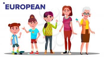European Generation Female People Person Vector. Mother, Daughter, Granddaughter, Baby, Teen Vector Isolated Illustration