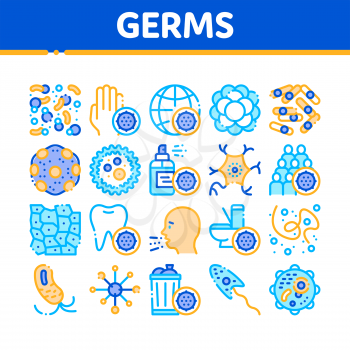 Collection Bacteria Germs Vector Sign Icons Set. Unhealthy Tooth And Dirty Hands, Sternutation Character And Illness People With Germs Linear Pictograms. Microbe Types Color Contour Illustrations