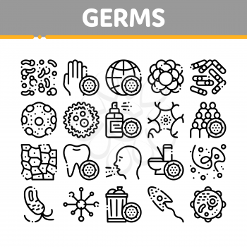 Collection Bacteria Germs Vector Sign Icons Set. Unhealthy Tooth And Dirty Hands, Sternutation Character And Illness People With Germs Linear Pictograms. Microbe Types Black Contour Illustrations