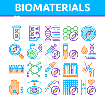 Biomaterials Collection Elements Vector Icons Set Thin Line. Biology And Science Flasks, Bioengineering, Dna And Medicine Vaccine Biomaterials Concept Linear Pictograms. Color Contour Illustrations