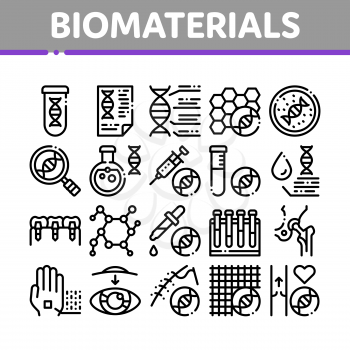 Biomaterials Collection Elements Vector Icons Set Thin Line. Biology And Science Flasks, Bioengineering, Dna And Medicine Vaccine Biomaterials Concept Linear Pictograms. Black Contour Illustrations