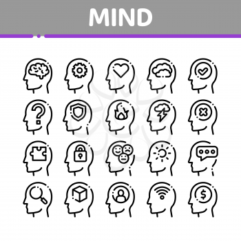Mind Collection Elements Signs Vector Icons Set Thin Line. Gear And Brain Mind, Heart And Shield, Padlock And Coin Marks in Man Head Silhouette Concept Linear Pictograms. Black Contour Illustrations