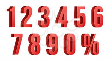 Red Discount Numbers Set Vector. Figures From 0 to 9. Sign Of Percent. Isolated Illustration