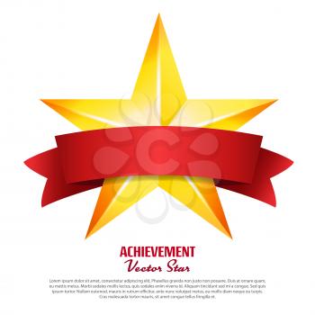 Achievement Vector Star With Red Ribbon. Yellow Sign With Place For Text. Golden Decoration Symbol. 3d Shine Icon Isolated On White