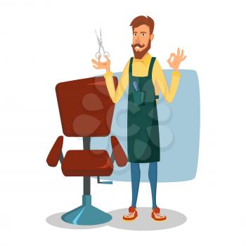 Cute Barber Vector. Cartoon Happy Hipster Barber Man. Professional Barber Ready To Do A Trendy Haircut. Isolated Illustration.