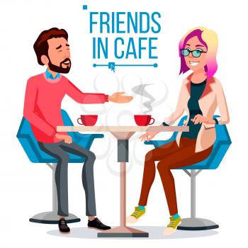 Couple In Restaurant Vector. Man And Woman. Sitting Together And Drinking Coffee. Lifestyle. Isolated Cartoon Illustration