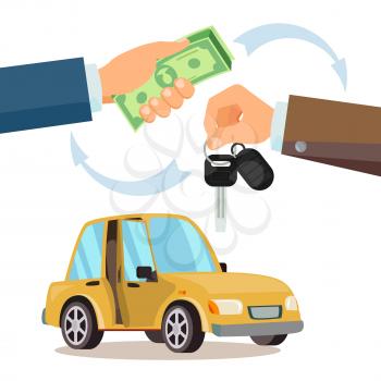 Car Sharing, Rent Vector. Dealer Giving Keys Chain. Car Owner. Purchase Sale Or Rental Car. Flat Illustration
