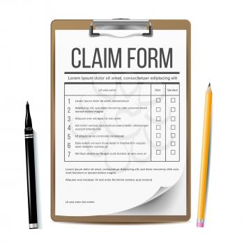 Claim Form Vector. Medical, Office Paperwork. Clipboard Realistic Illustration