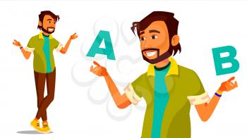 Indian Man Comparing A With B Vector. Creative Idea. Balancing. Customer Review. Compare Objects, Purchases, Ideas, Strategies. Isolated Cartoon Illustration