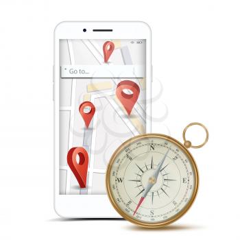GPS App Concept Vector. Mobile Smart Phone With GPS Map And Navigation Map Compass. PCs Navigation System. Red Pointer. Isolated Illustration