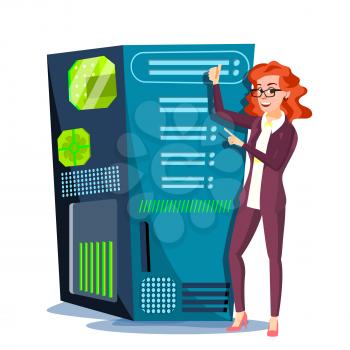 Data Center Vector. Hosting Server And Woman. Storage Cloud. Network And Database Support. Isolated Cartoon Illustration