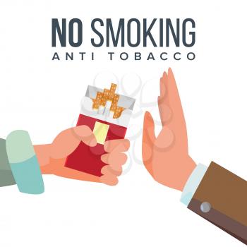 No Smoking Concept Vector. Anti Tobacco. Hand Offers To Smoke Holding A Pack Of Cigarettes. Gesture Rejection. Proposal Smoke. Isolated Illustration