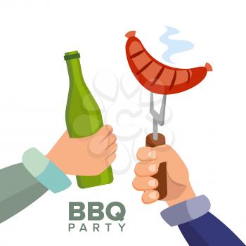 Barbecue Party Concept Vector. Cooked Hot Sausage. Hand Holding A Bottle Of Beer. Invitation Card. BBQ Grill Picnic. Isolated Illustration